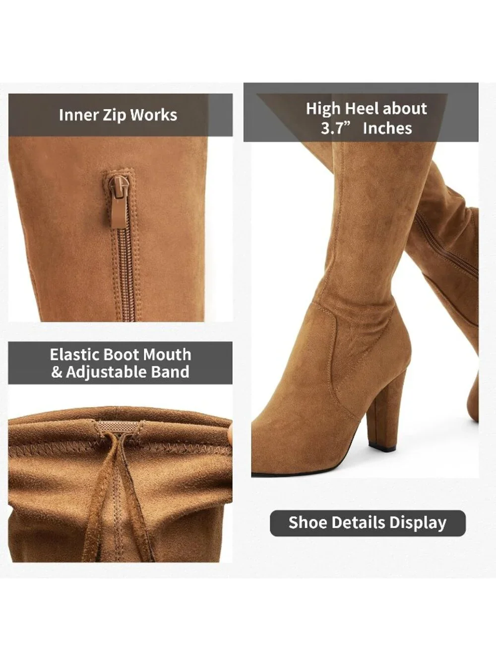 Women's Camel Brown Suede Closed Round Toe Block Heel Over The Knee High Boots